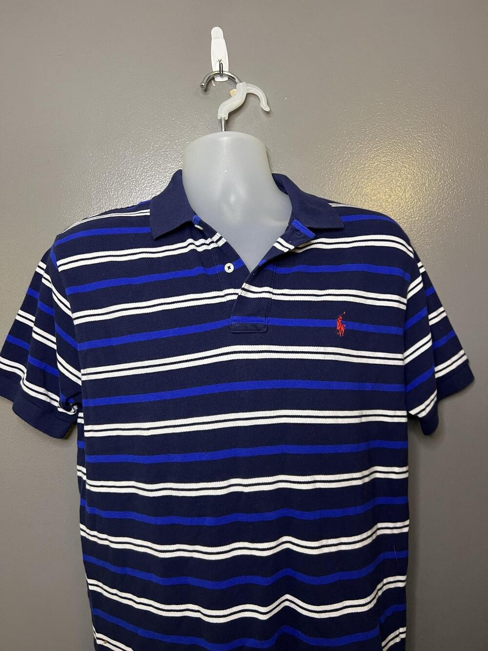 Polo By Ralph Lauren Polo Shirt Mens Medium Blue Stripe Cotton Knit Casual